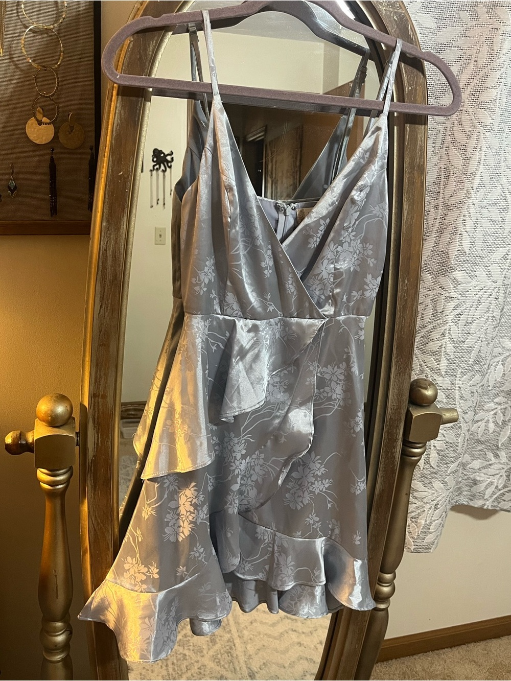 Altar'd State Silver Floral Satin Ruffle Mini Dress